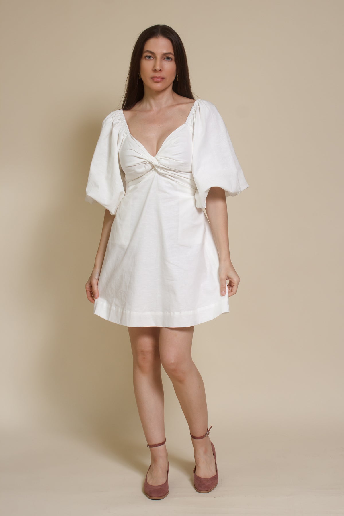 Miou Muse puff sleeve cotton/linen mini dress with smocked back, in off white.