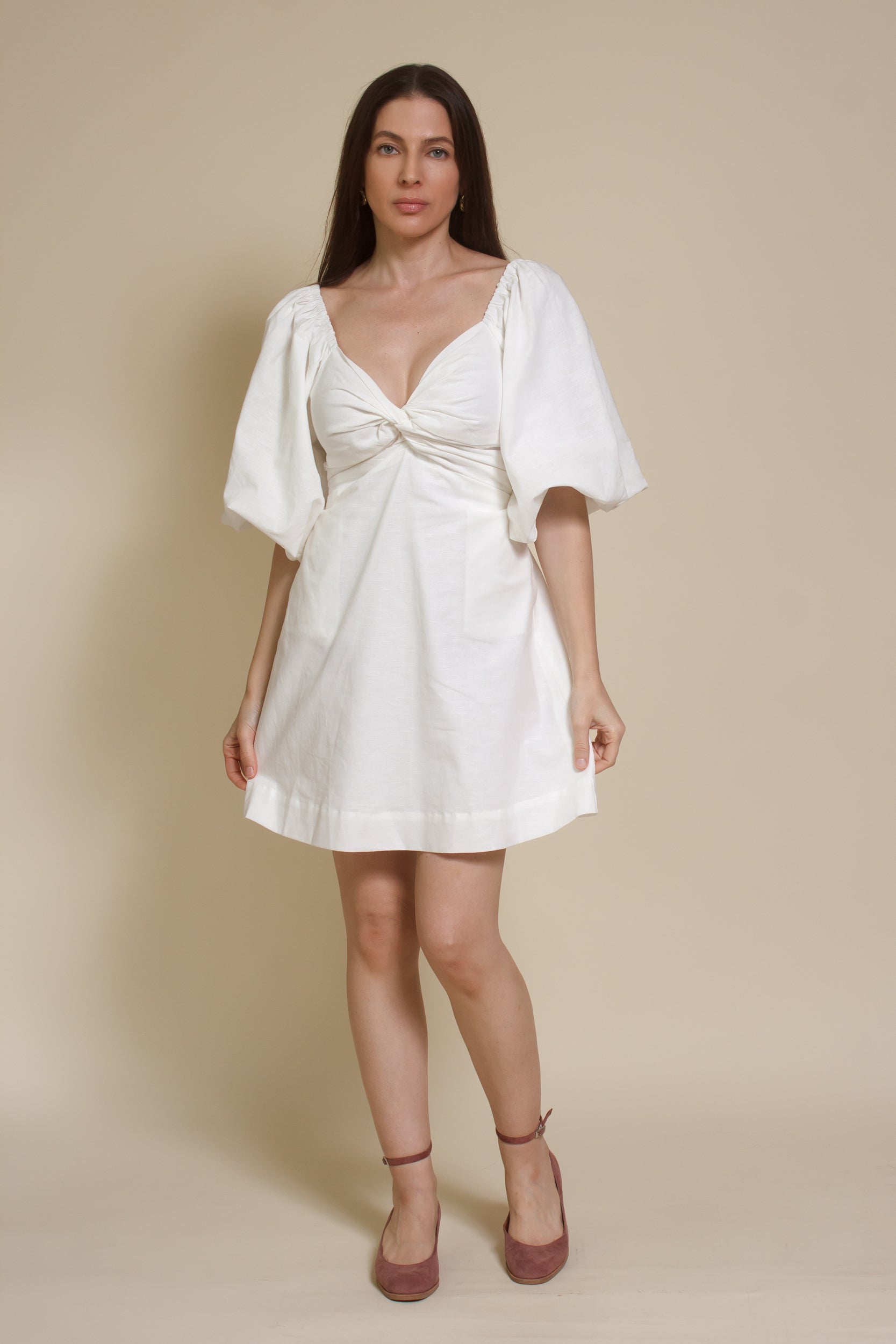 Miou Muse puff sleeve cotton/linen mini dress with smocked back, in off white.