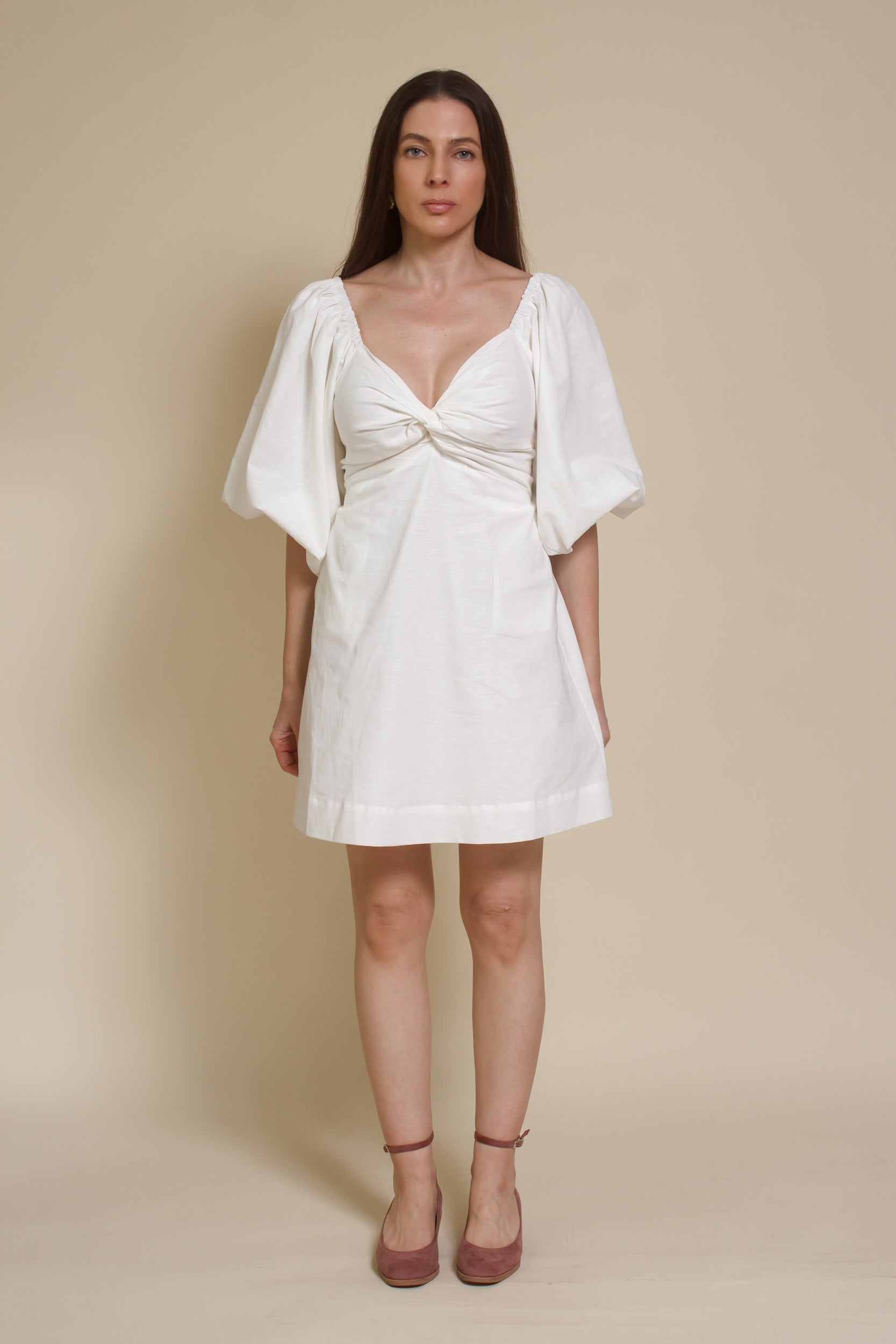 Miou Muse puff sleeve cotton/linen mini dress with smocked back, in off white.