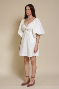Miou Muse puff sleeve cotton/linen mini dress with smocked back, in off white.