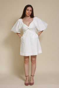 Miou Muse puff sleeve cotton/linen mini dress with smocked back, in off white.