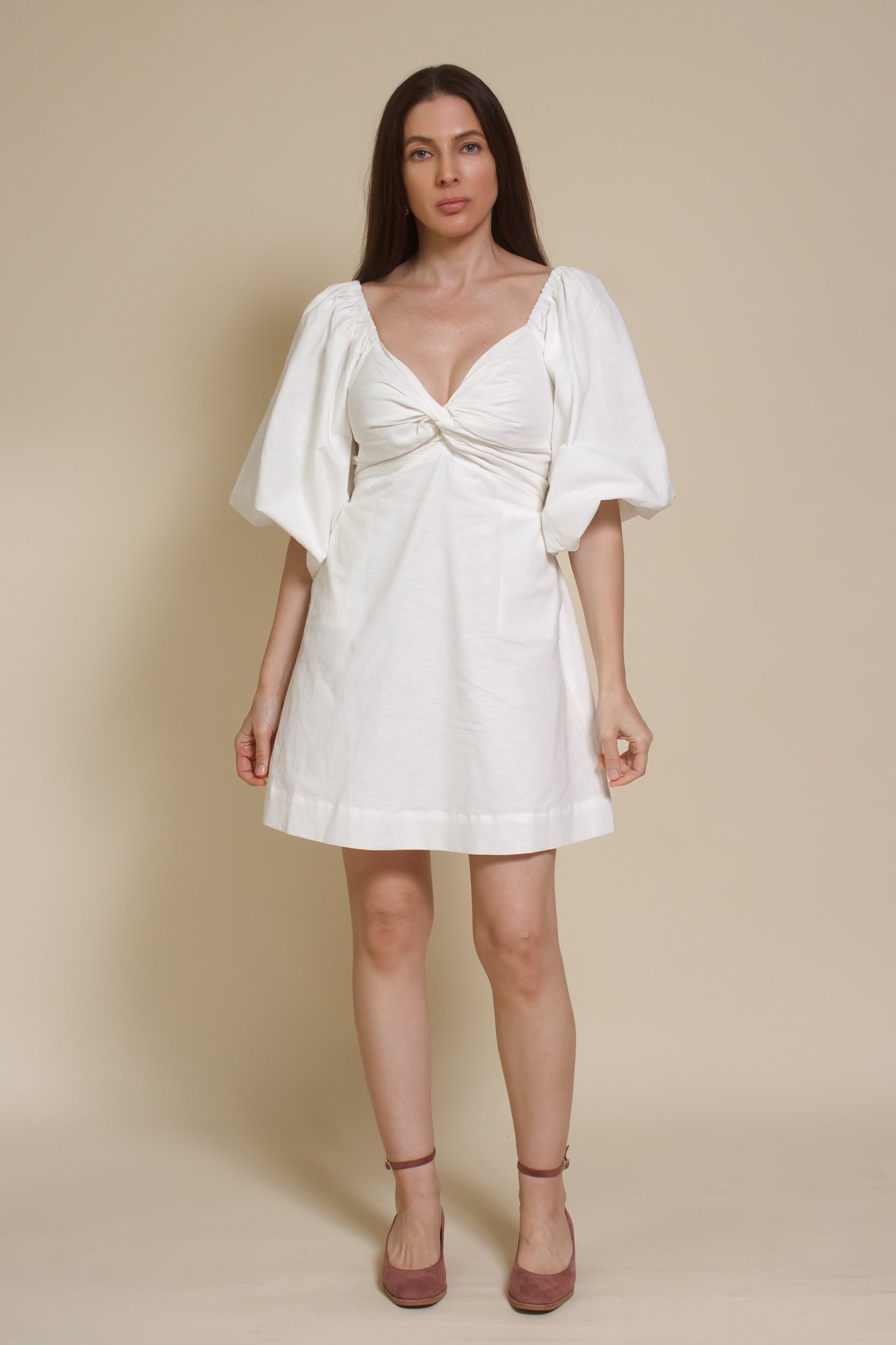 Miou Muse puff sleeve cotton/linen mini dress with smocked back, in off white.