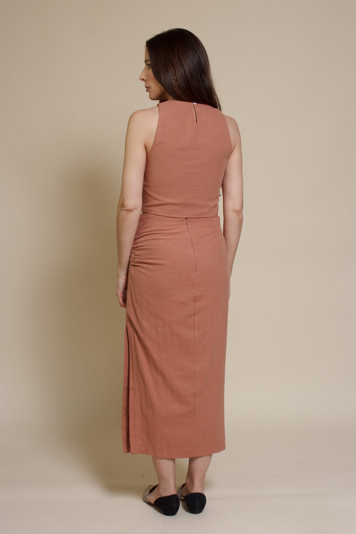 Miou Muse linen blend midi skirt set, in Salmon.