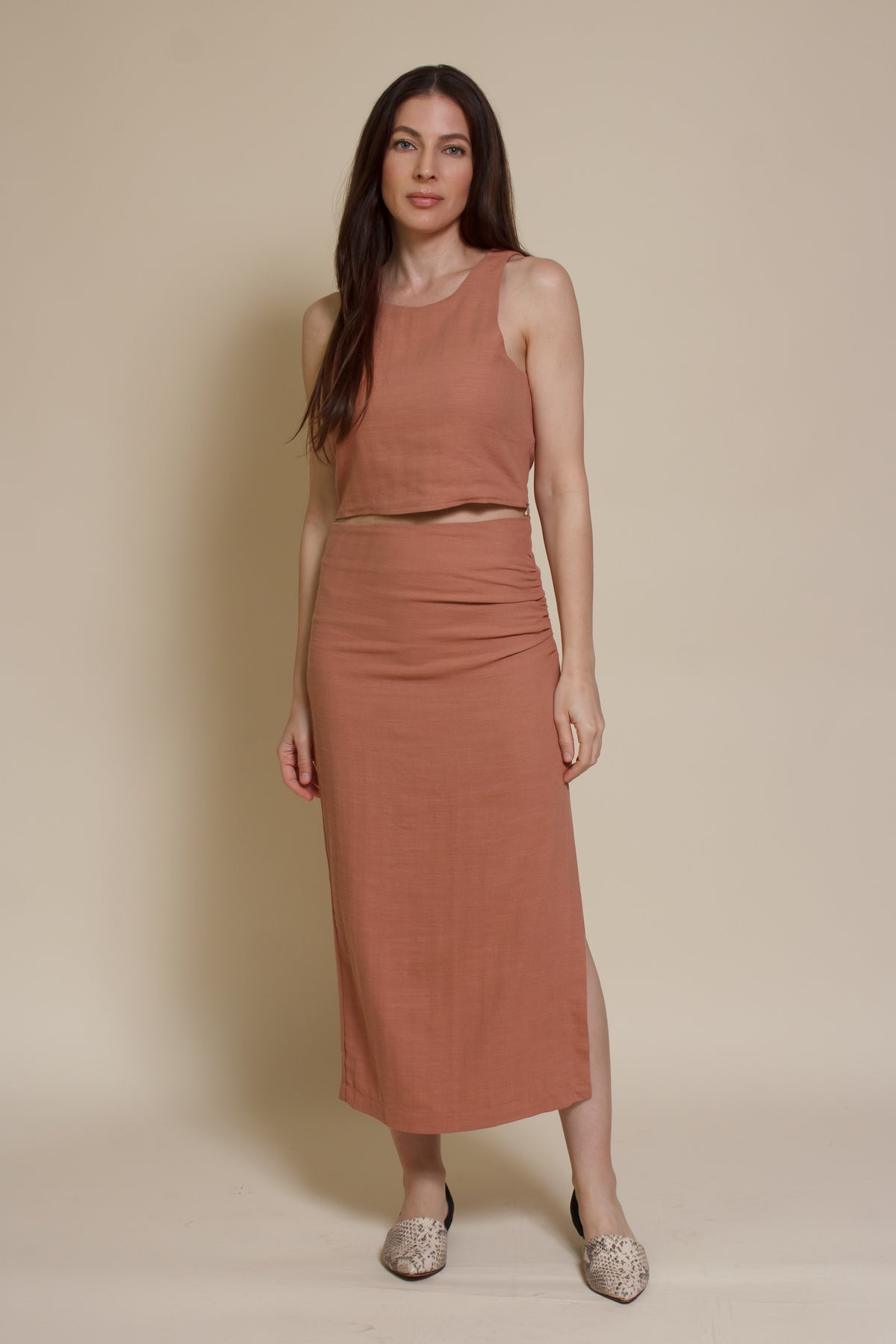 Miou Muse linen blend midi skirt set, in Salmon.