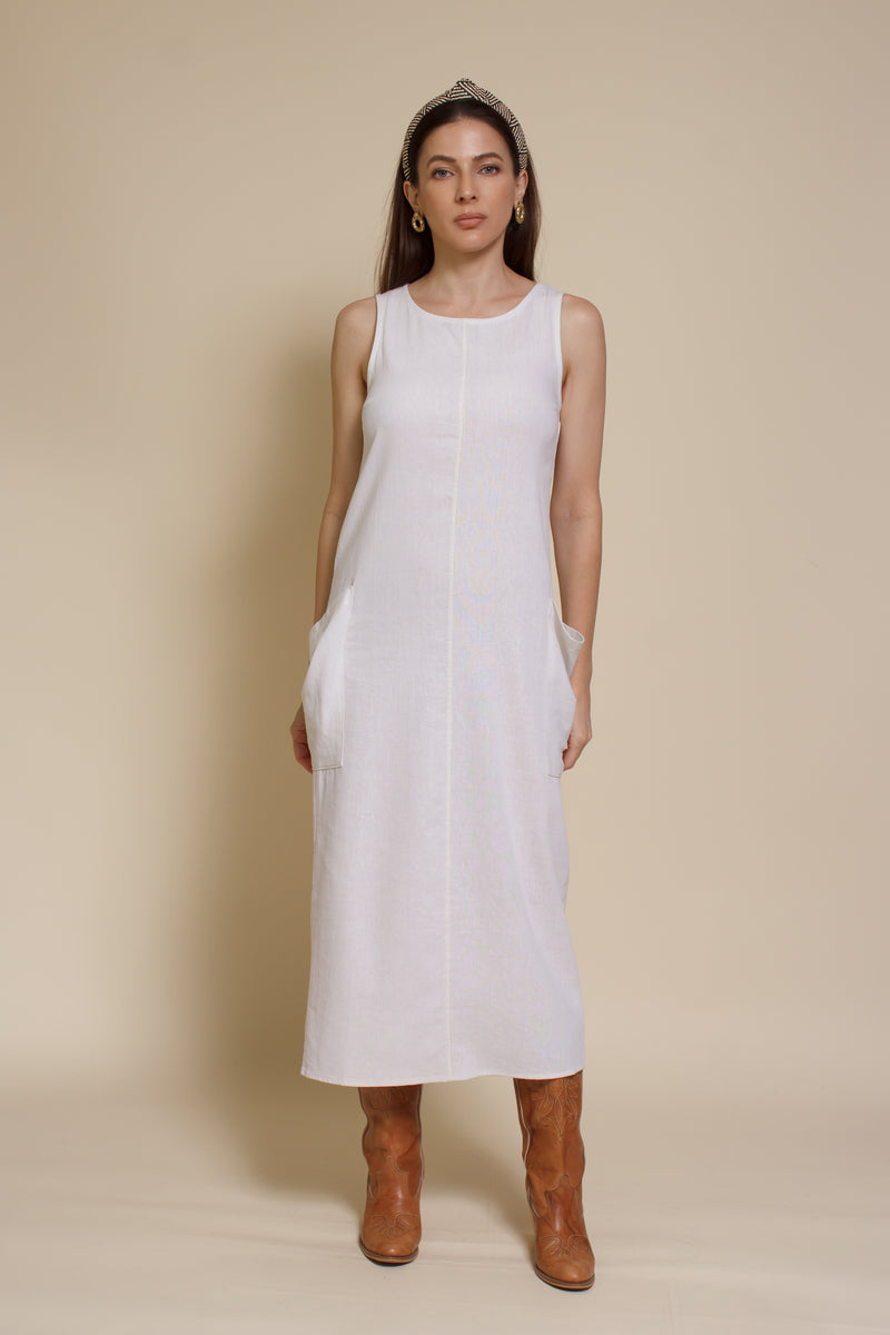 Mod Ref linen pocket dress, in ivory.