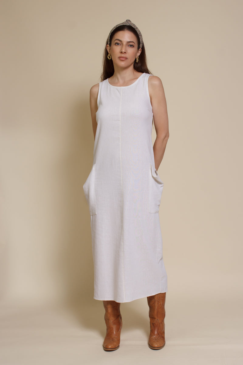 Mod Ref linen pocket dress, in ivory.