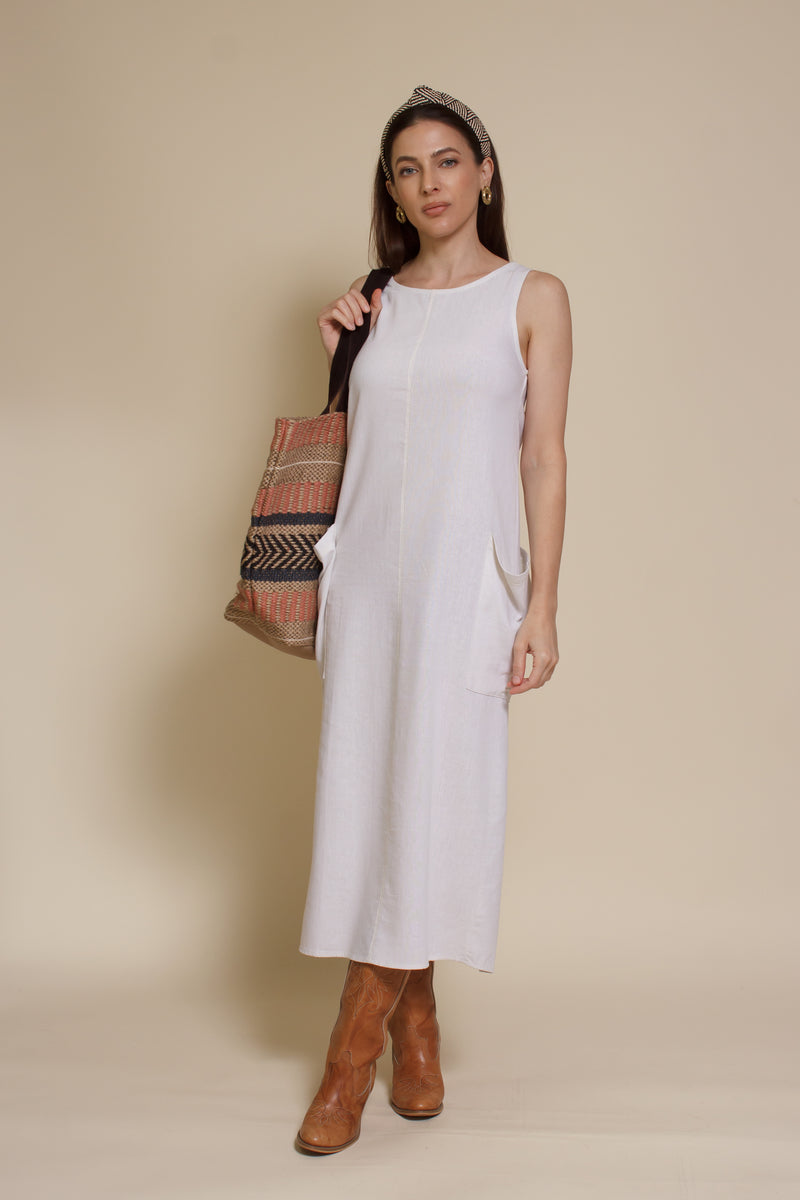 Mod Ref linen pocket dress, in ivory.