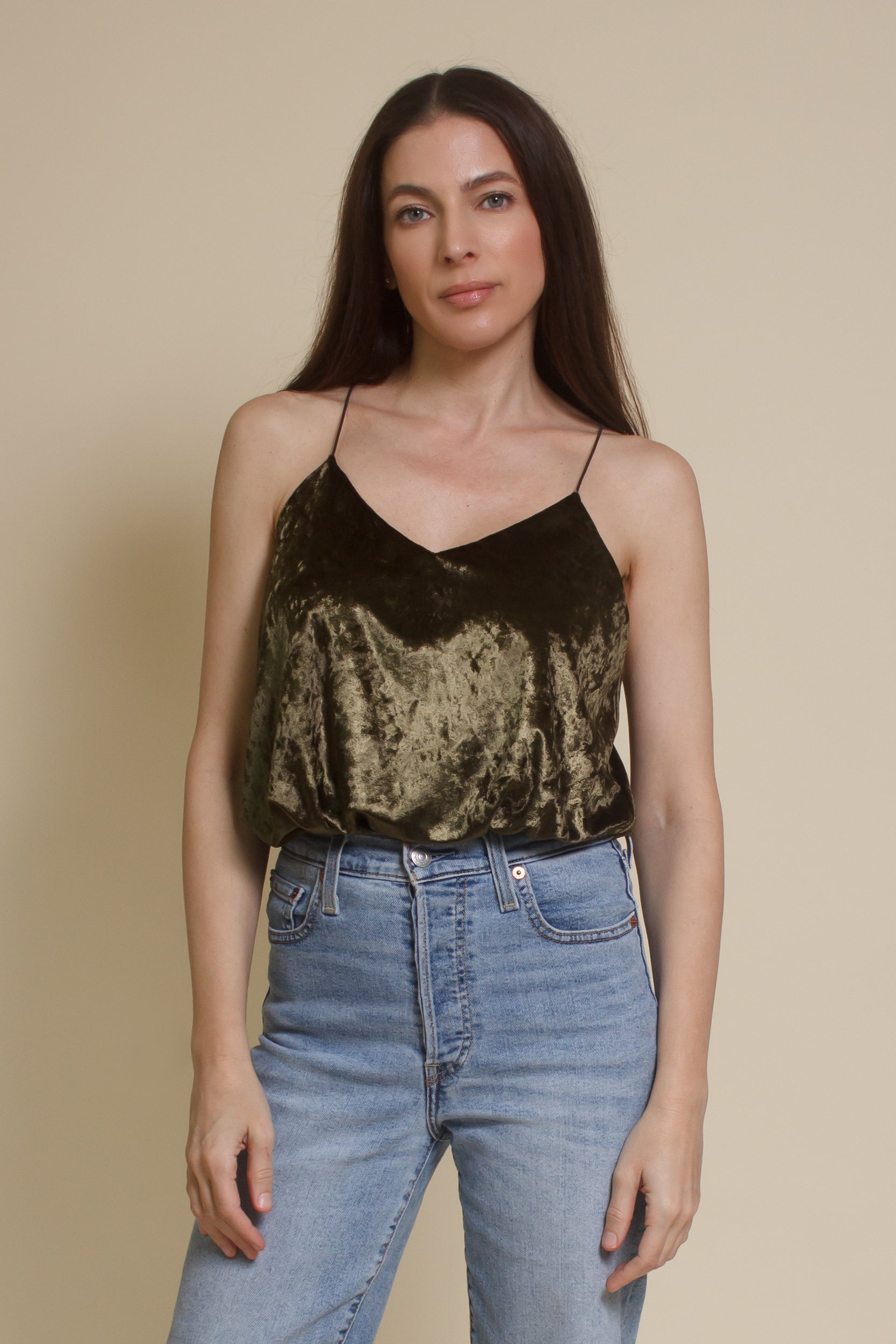 Mod Ref crushed velvet camisole top, in olive. 