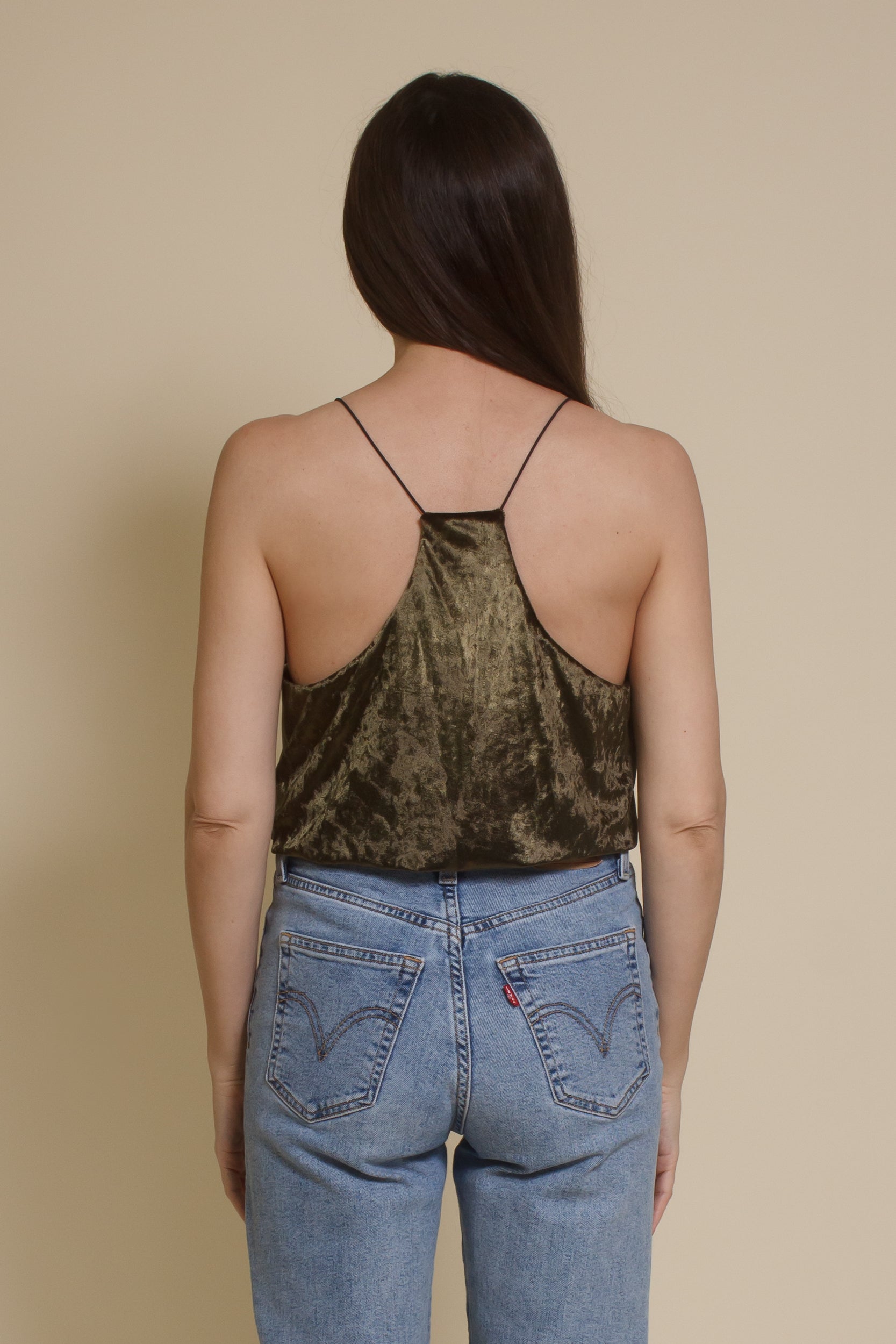 Mod Ref crushed velvet camisole top, in olive. 