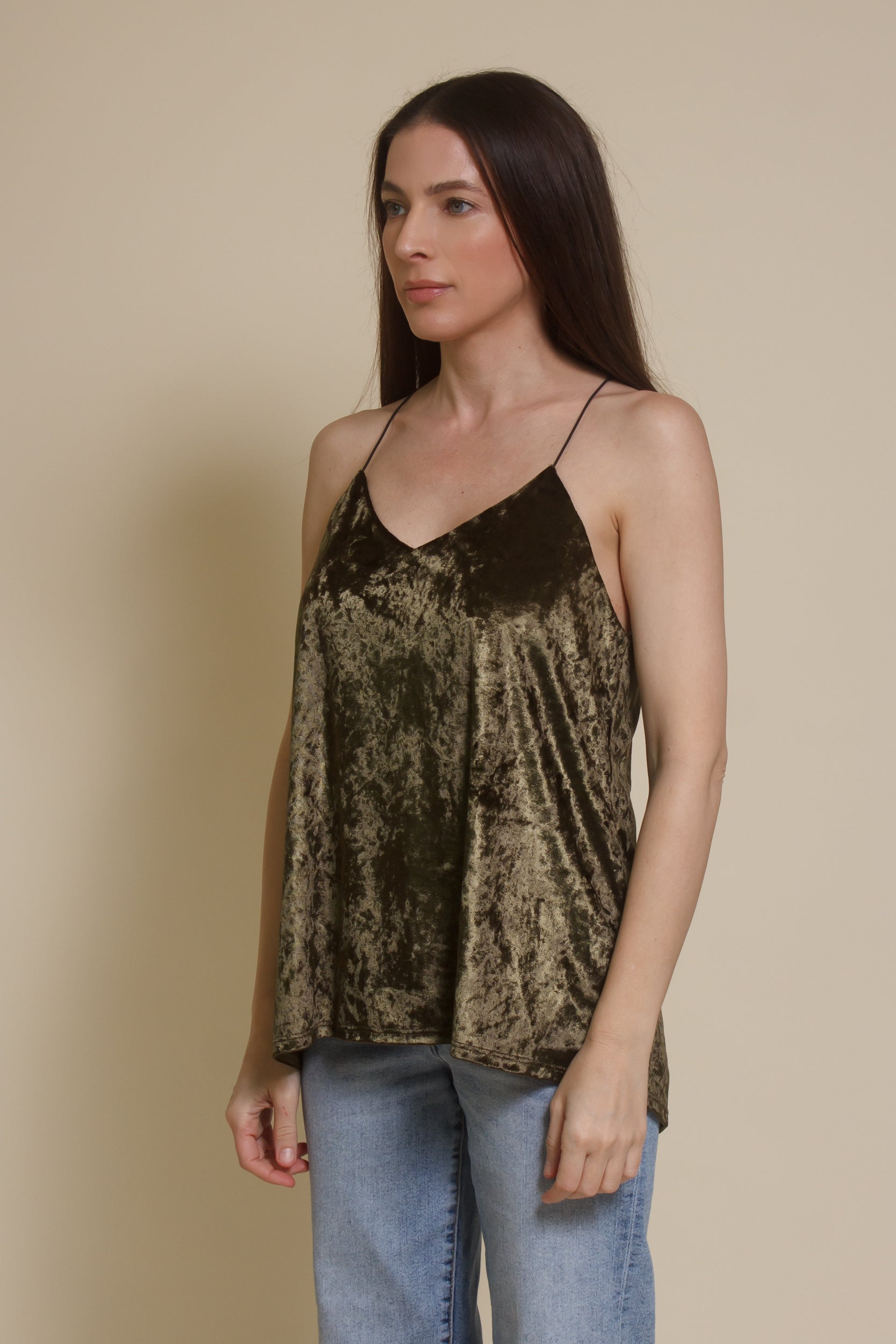 Mod Ref crushed velvet camisole top, in olive. 