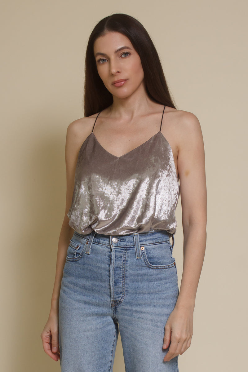 Mod Ref velvet camisole top, in silver. (Patton Top)