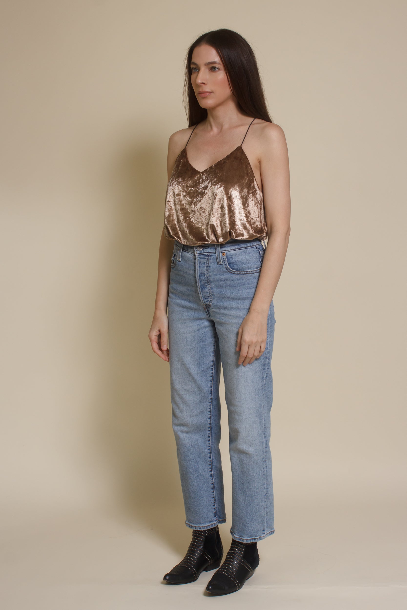 Mod Ref crushed velvet camisole top, in champagne. 