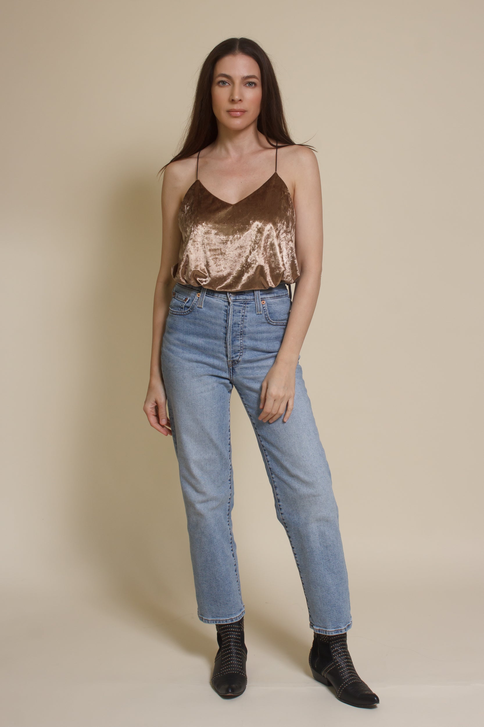 Mod Ref crushed velvet camisole top, in champagne. 