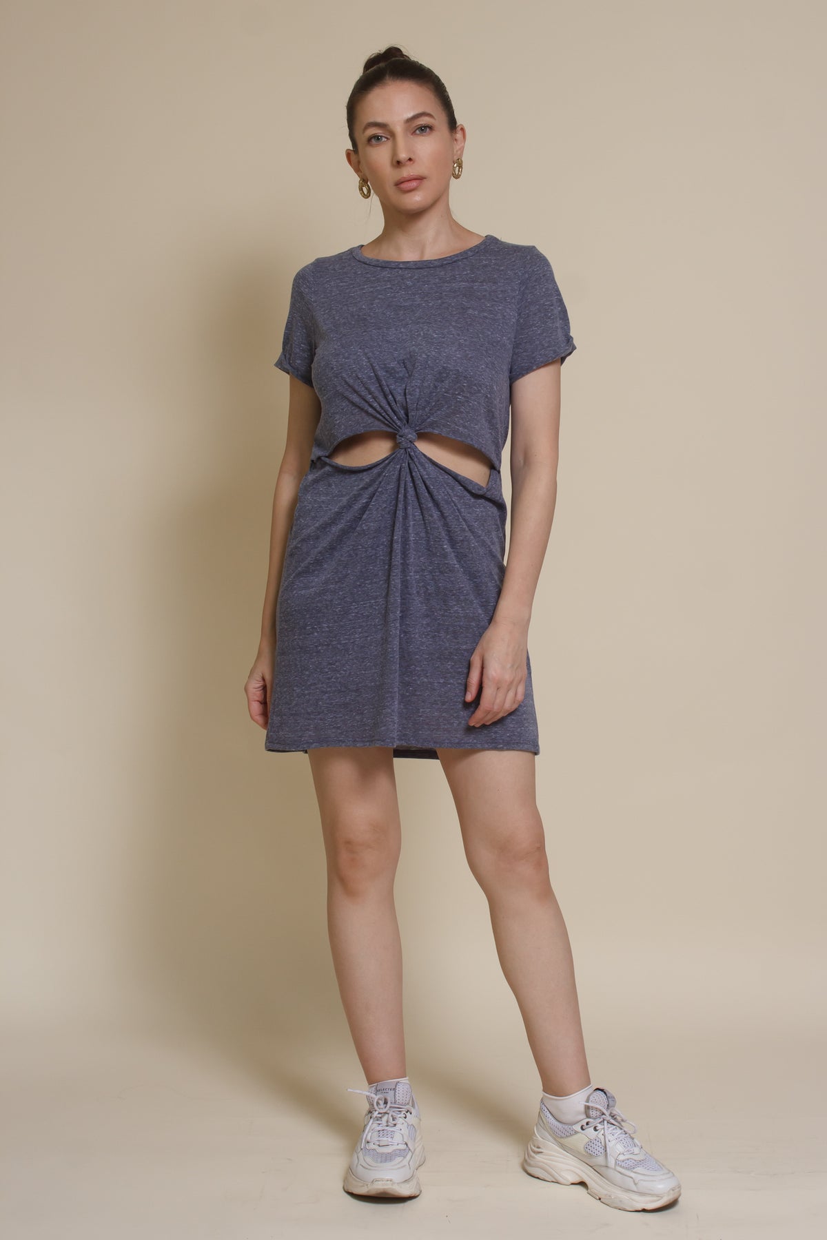 Mod Ref knot front cut out mini dress, in denim blue.