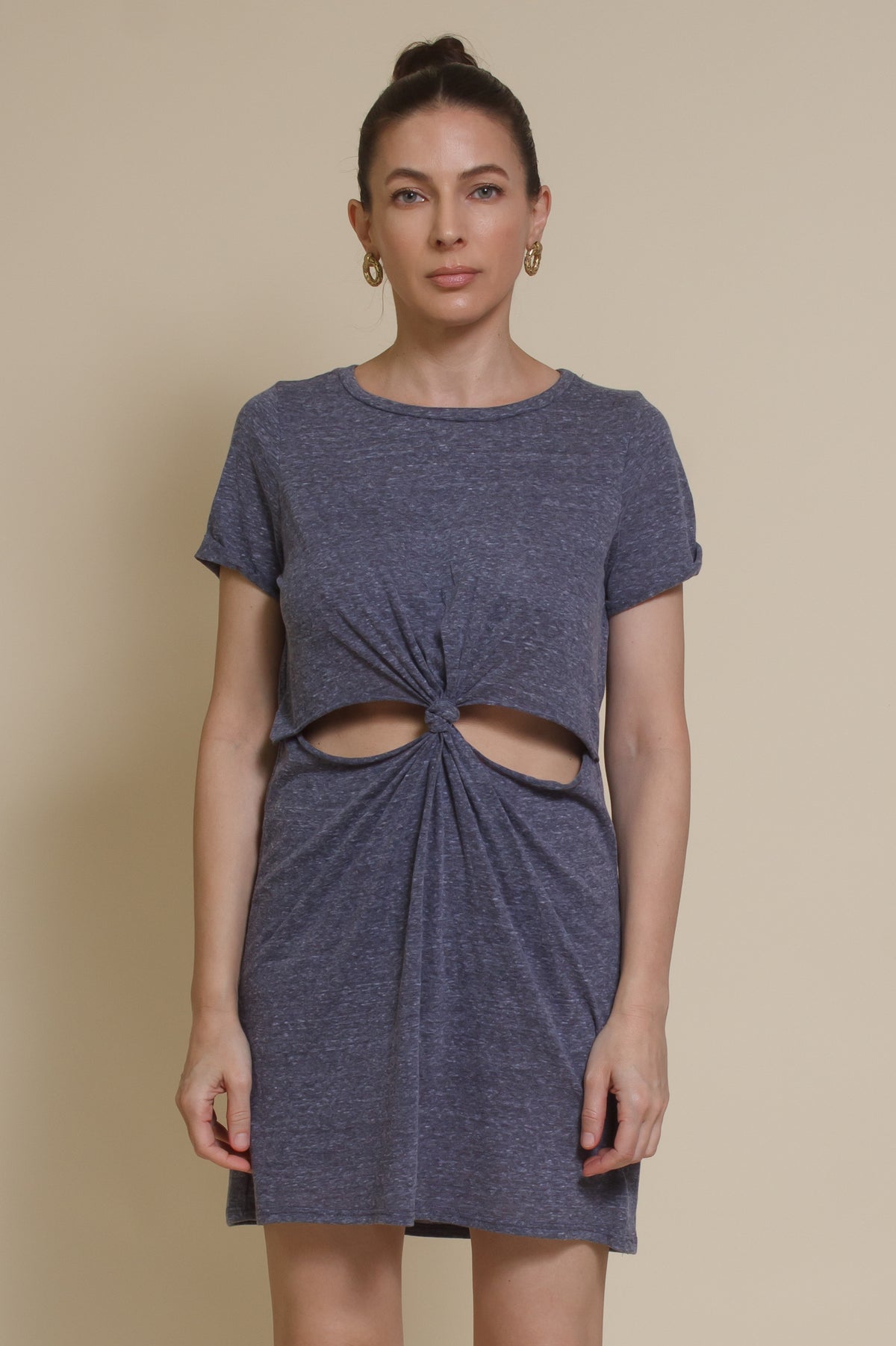 Mod Ref knot front cut out mini dress, in denim blue.