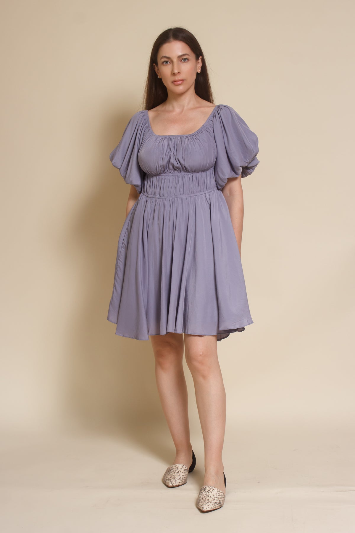 Mustard Seed puff sleeve smocked mini dress, in dusty lavender.