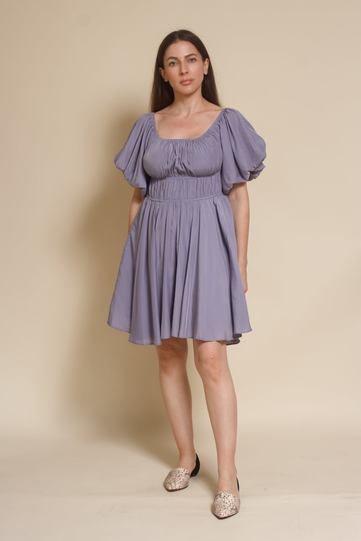 Mustard Seed puff sleeve smocked mini dress, in dusty lavender.