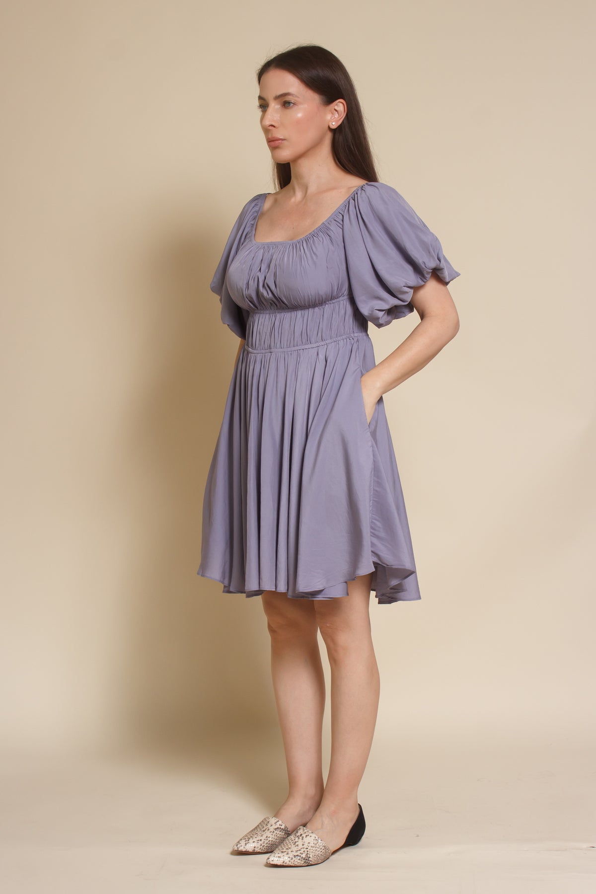 Mustard Seed puff sleeve smocked mini dress, in dusty lavender.