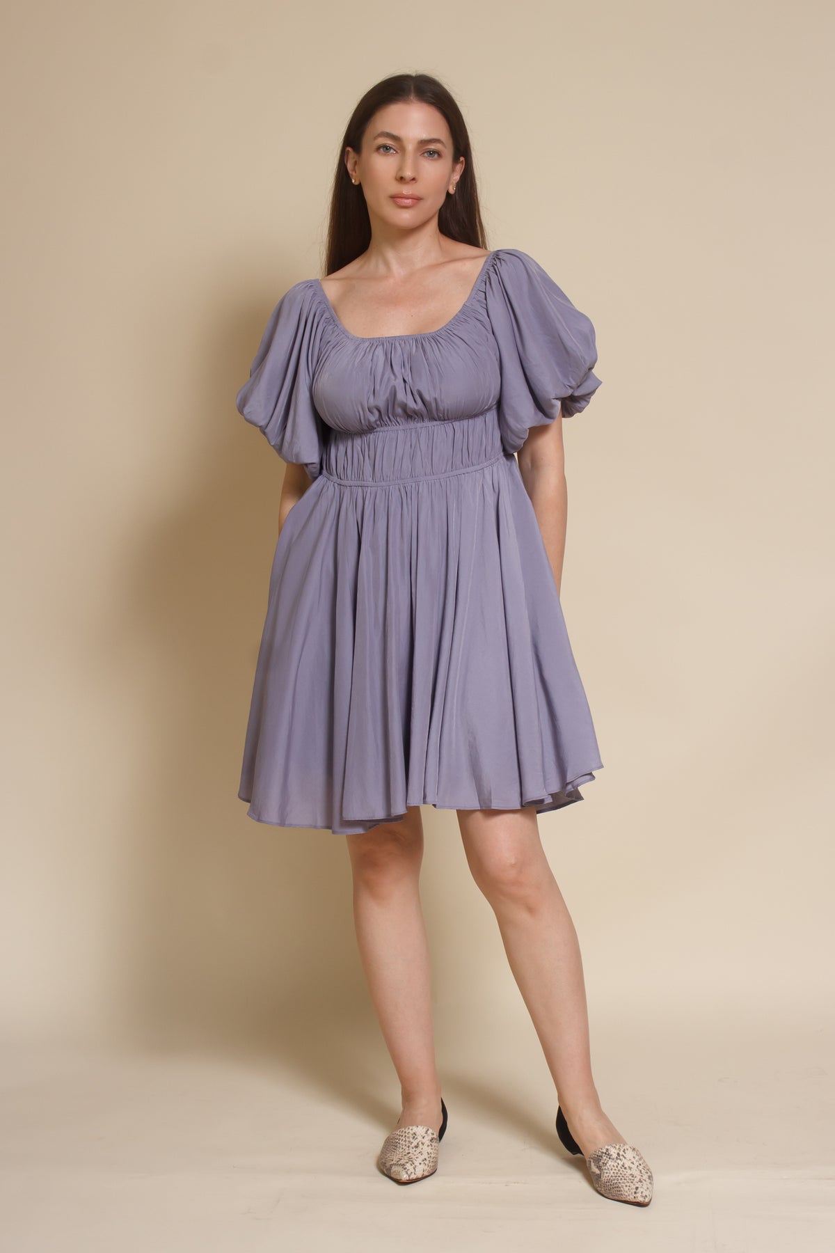 Mustard Seed puff sleeve smocked mini dress, in dusty lavender.