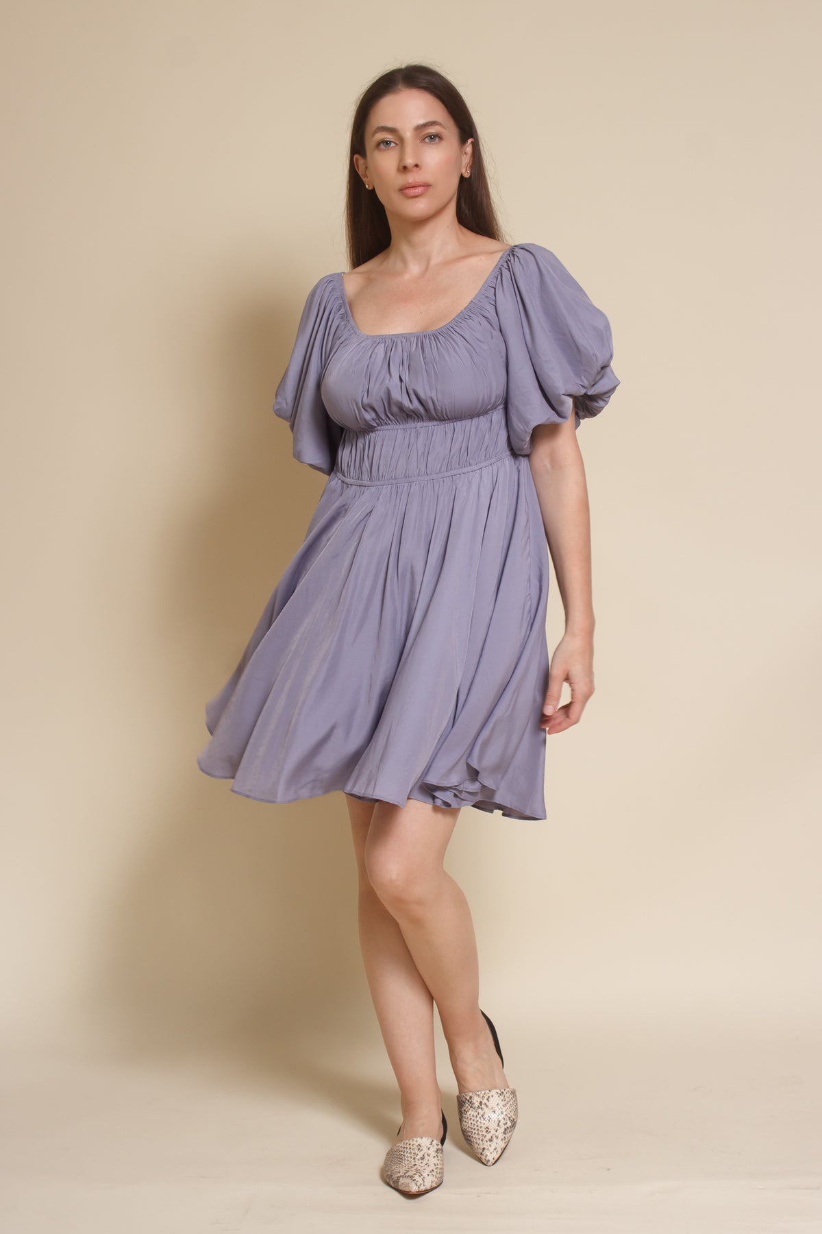Mustard Seed puff sleeve smocked mini dress, in dusty lavender.
