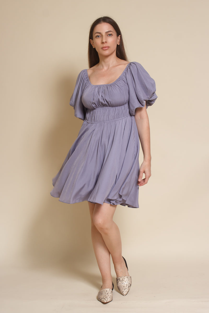 Mustard Seed puff sleeve smocked mini dress, in dusty lavender.