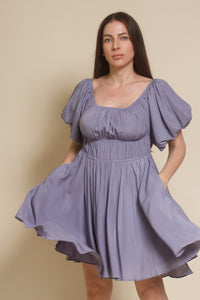 Mustard Seed puff sleeve smocked mini dress, in dusty lavender.