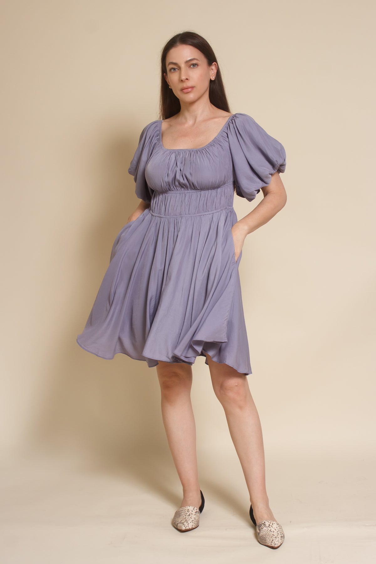 Mustard Seed puff sleeve smocked mini dress, in dusty lavender.
