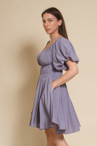 Mustard Seed puff sleeve smocked mini dress, in dusty lavender.