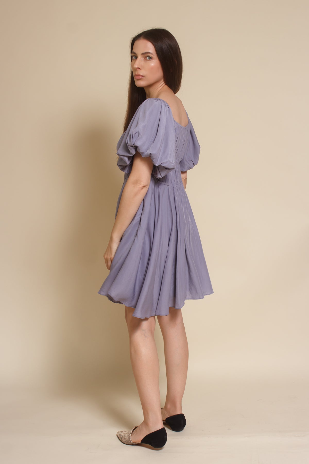 Mustard Seed puff sleeve smocked mini dress, in dusty lavender.