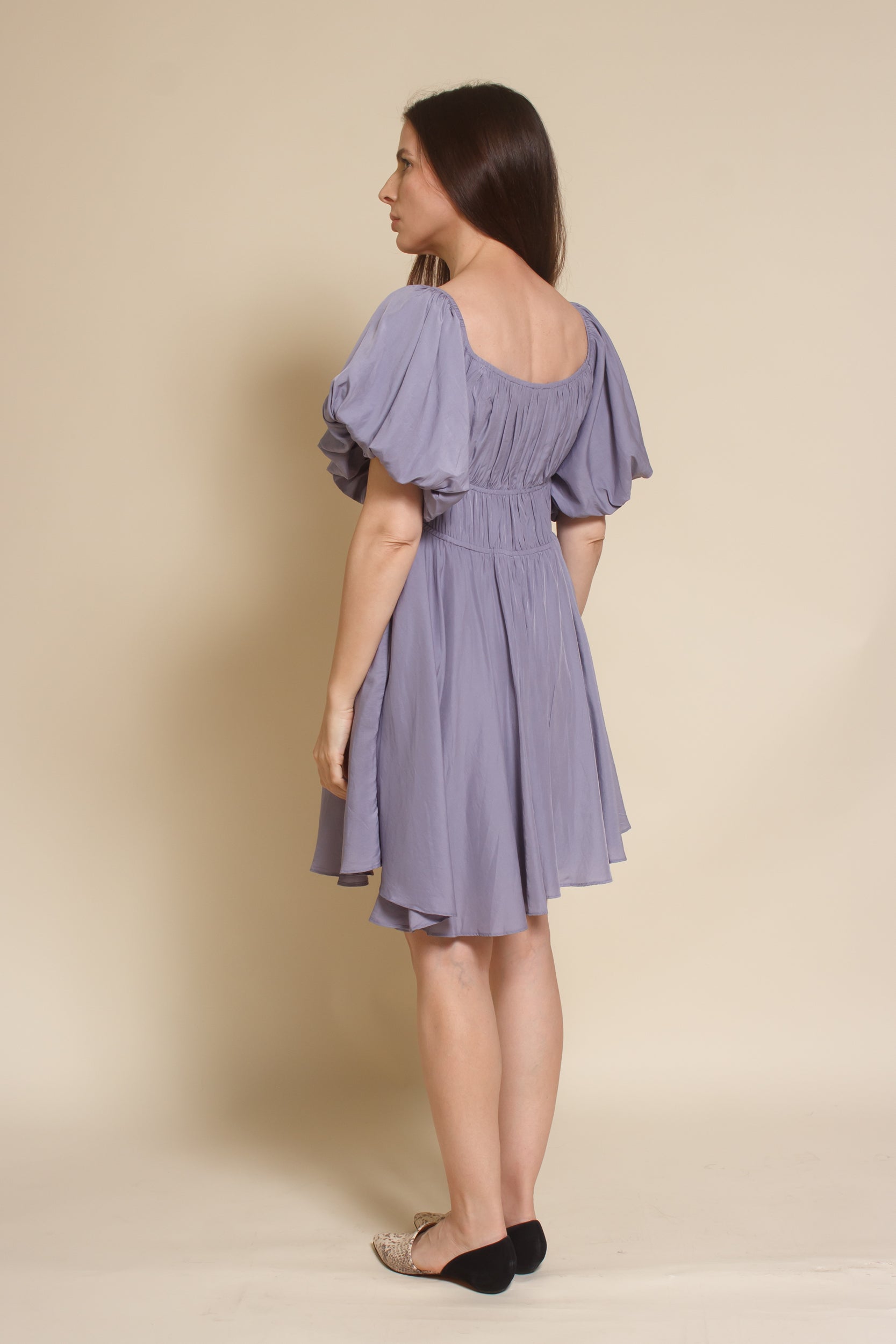 Mustard Seed puff sleeve smocked mini dress, in dusty lavender.