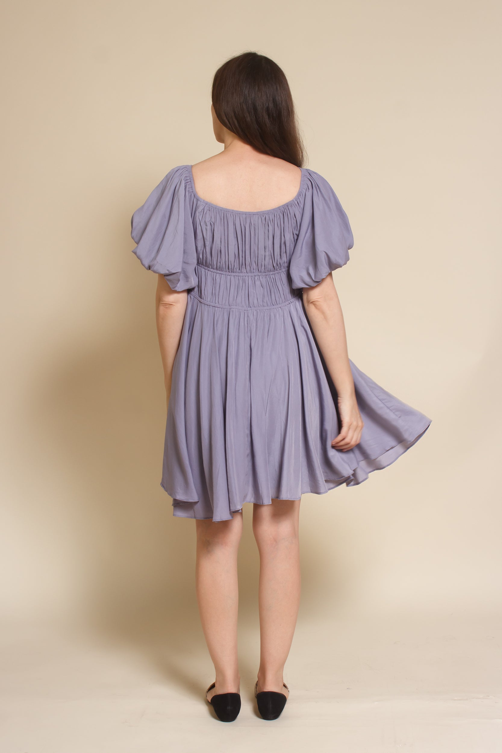 Mustard Seed puff sleeve smocked mini dress, in dusty lavender.