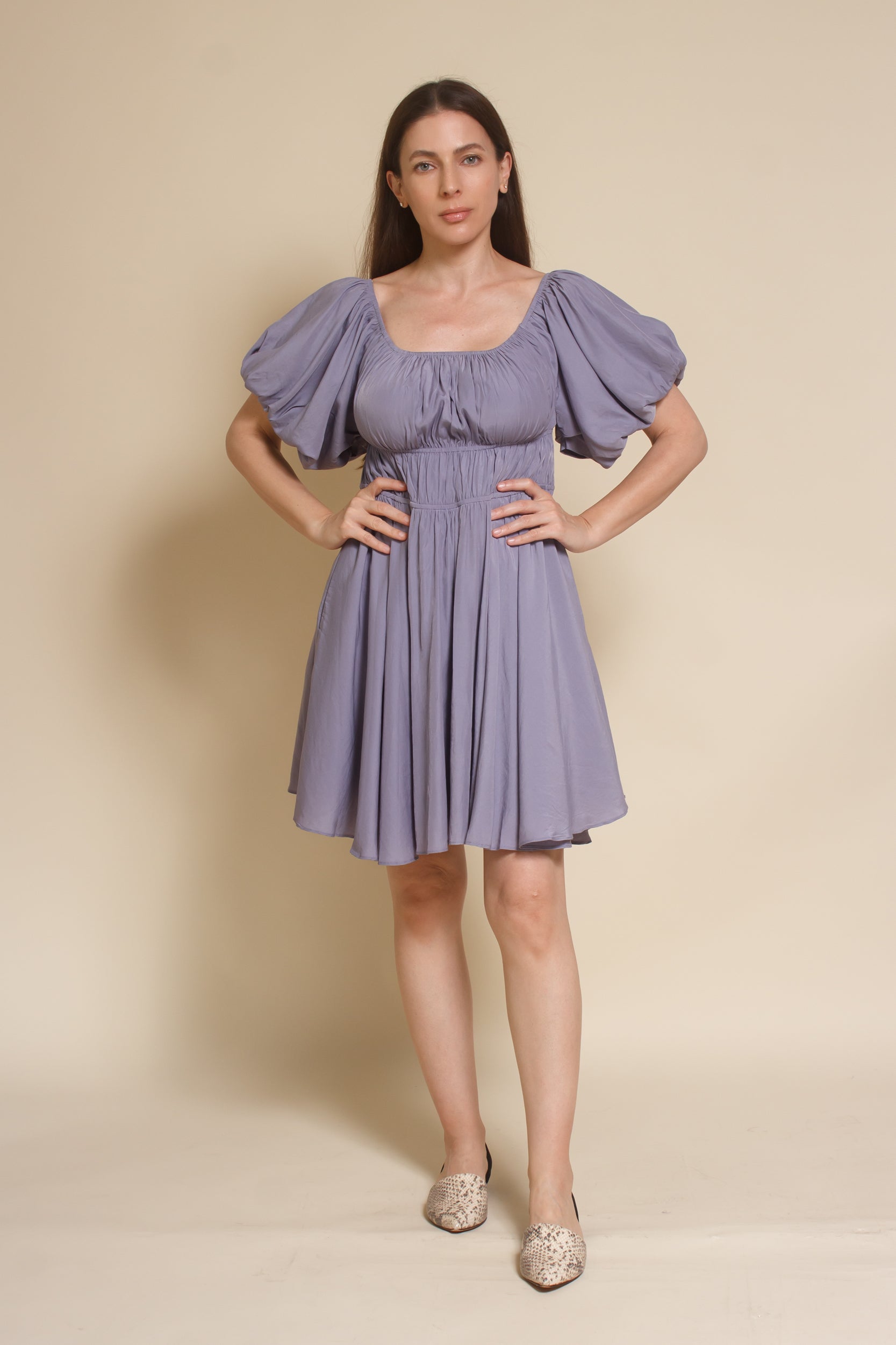 Mustard Seed puff sleeve smocked mini dress, in dusty lavender.