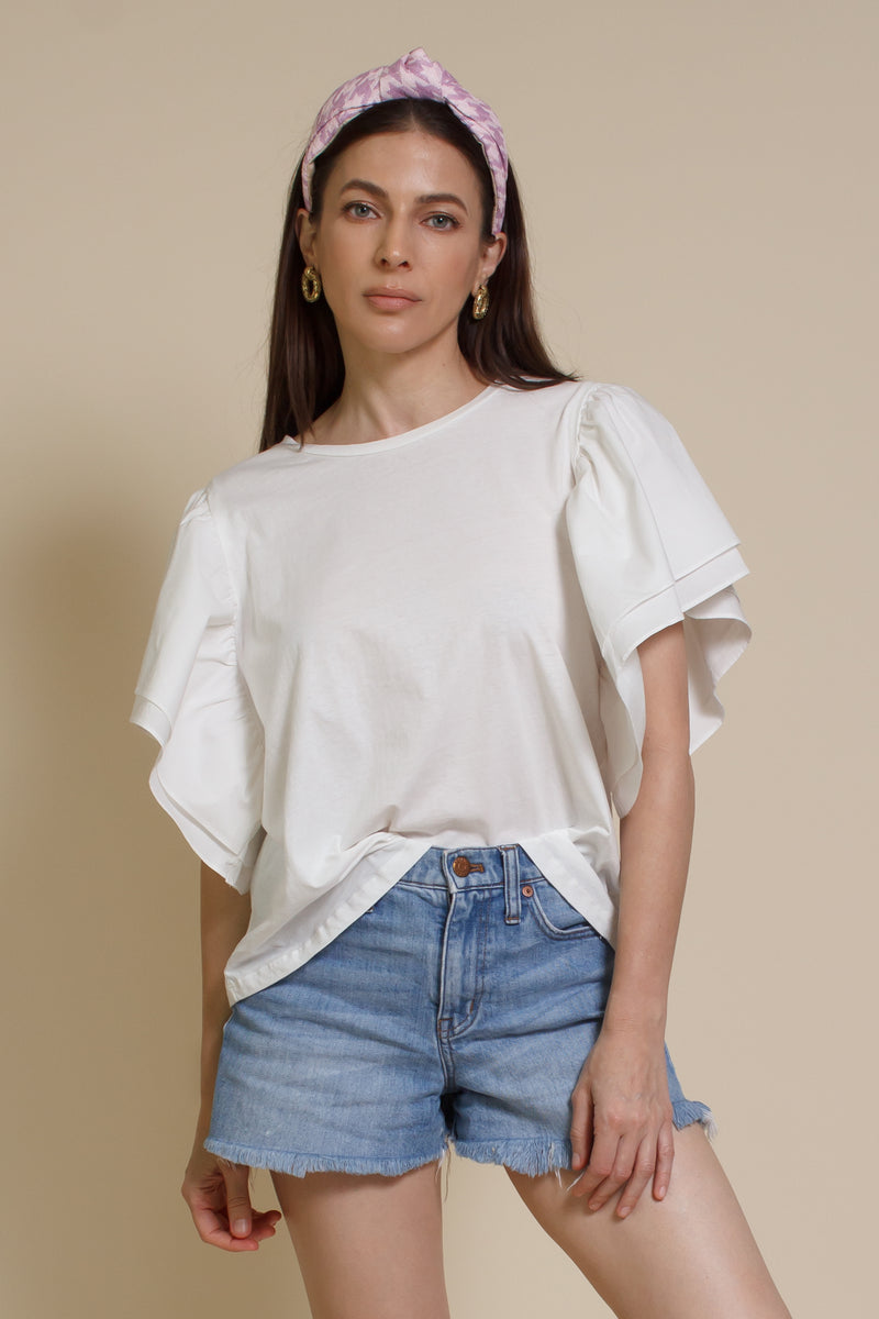 Mustard Seed poplin sleeve tee shirt, in white.