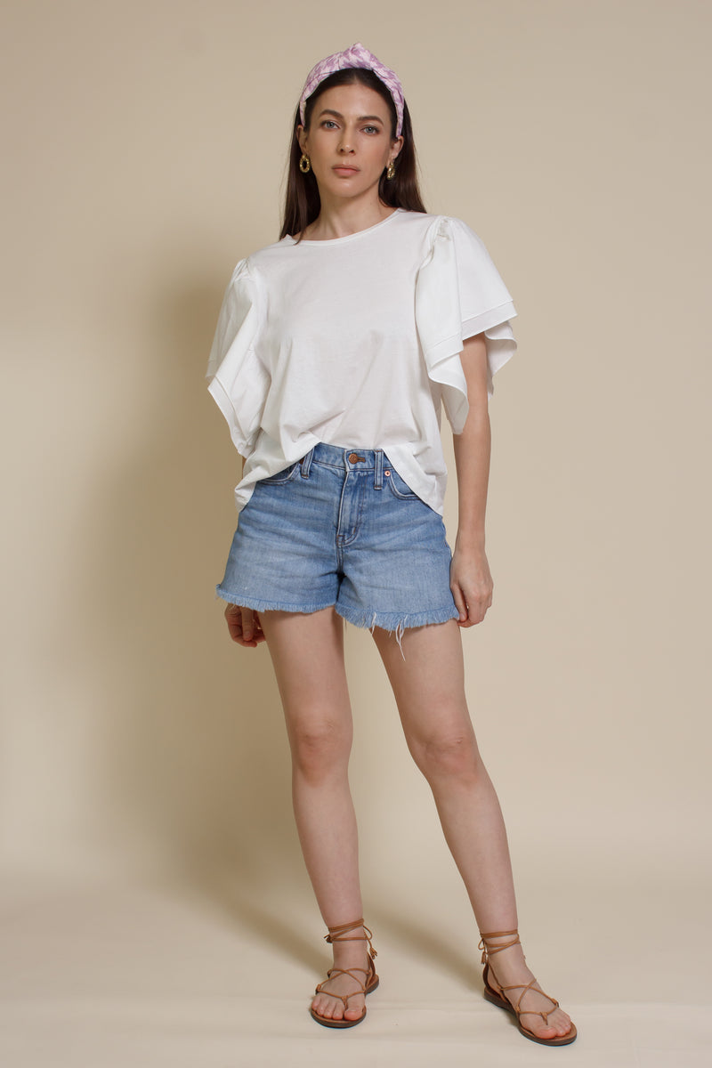 Mustard Seed poplin sleeve tee shirt, in white.