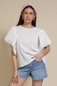 Mustard Seed poplin sleeve tee shirt, in white.