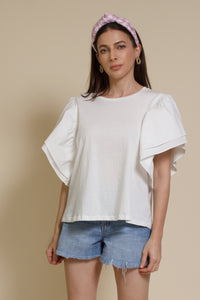 Mustard Seed poplin sleeve tee shirt, in white.