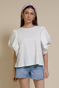 Mustard Seed poplin sleeve tee shirt, in white.