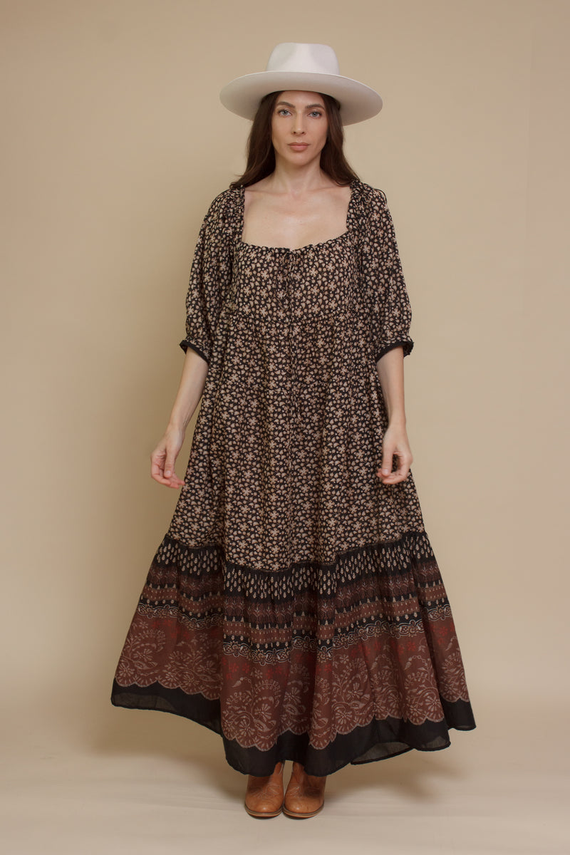 Olivaceous floral babydoll maxi dress, in Black/Brown.