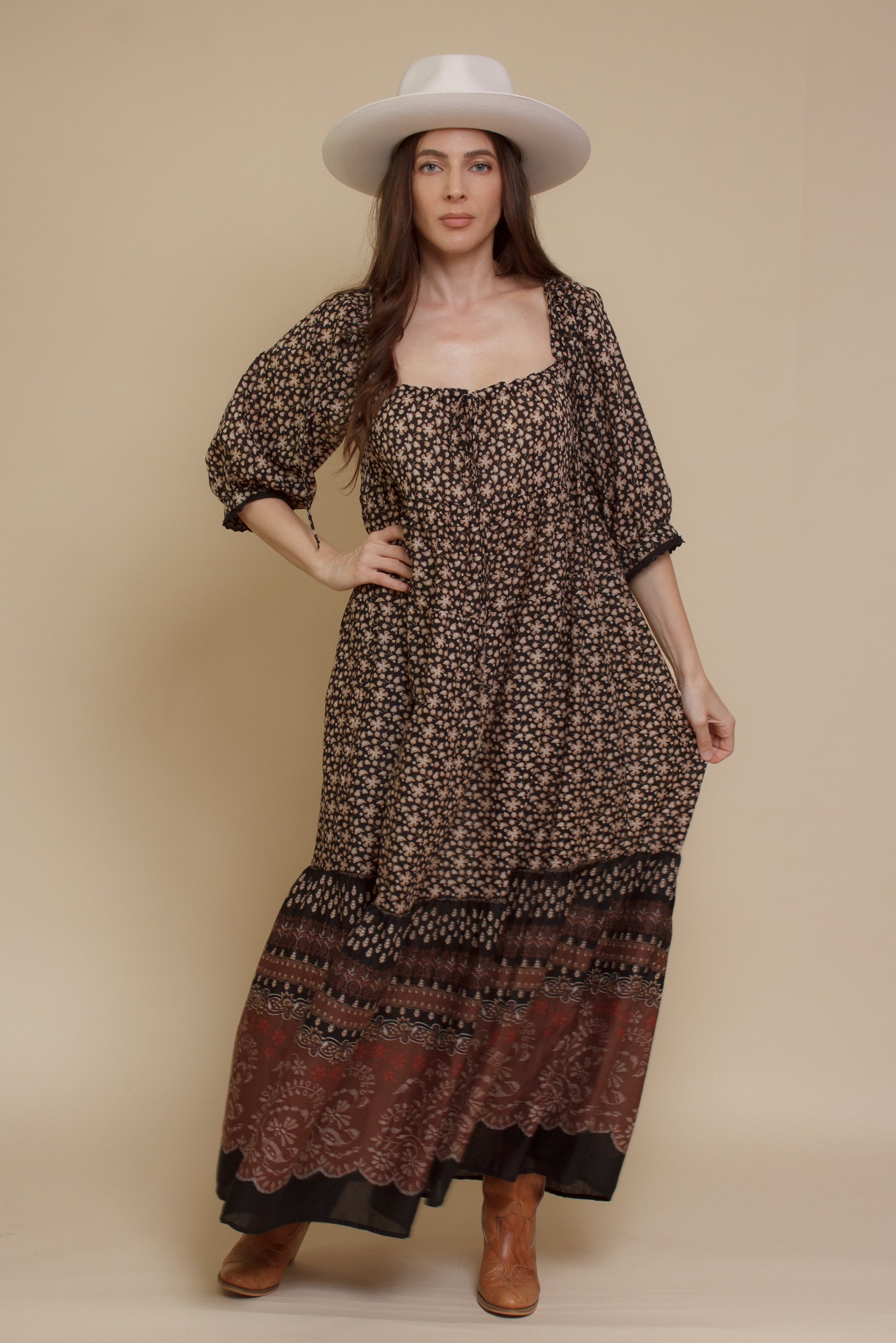 Olivaceous floral babydoll maxi dress, in Black/Brown.