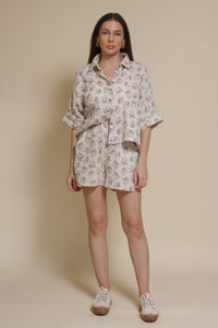 Olivaceous cotton gauze floral shorts, in Blue/Brown. (matching set bottoms)