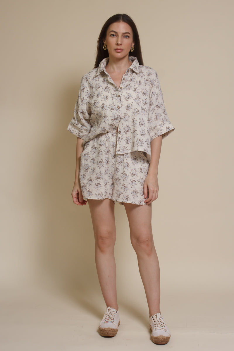 Olivaceous cotton gauze floral shorts, in Blue/Brown. (matching set bottoms)