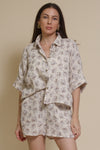 Olivaceous cotton gauze floral print button down top, in blue/brown.