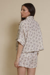 Olivaceous cotton gauze floral print button down top, in blue/brown.
