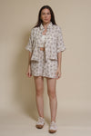 Olivaceous cotton gauze floral print button down top, in blue/brown.