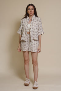 Olivaceous cotton gauze floral print button down top, in blue/brown.