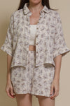 Olivaceous cotton gauze floral print button down top, in blue/brown.