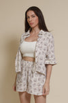 Olivaceous cotton gauze floral print button down top, in blue/brown.