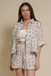 Olivaceous cotton gauze floral print button down top, in blue/brown.