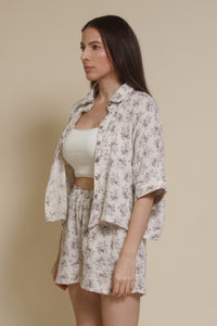 Olivaceous cotton gauze floral shorts, in Blue/Brown. (matching set bottoms)