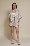 Olivaceous cotton gauze floral print button down top, in blue/brown.